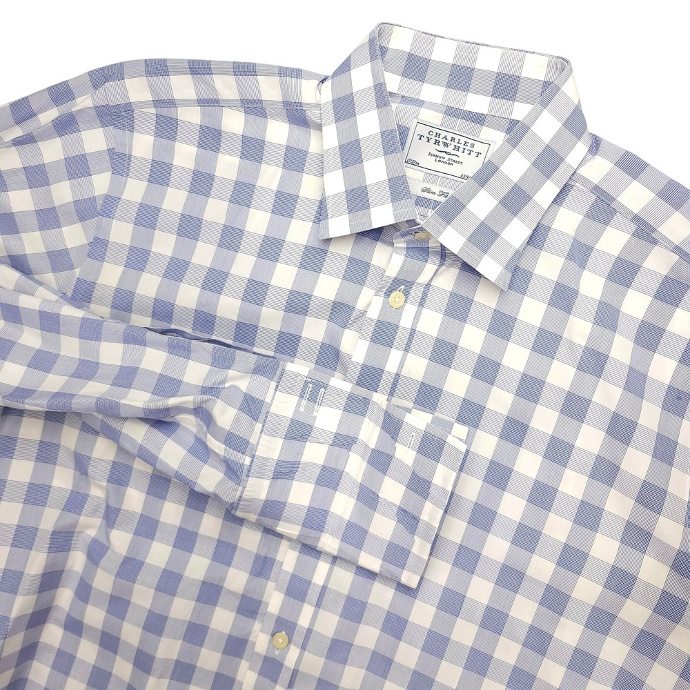Charles Tyrwhitt Dress Shirt Mens 17 37 Blue Gingham Slim Fit Cotton French Cuff